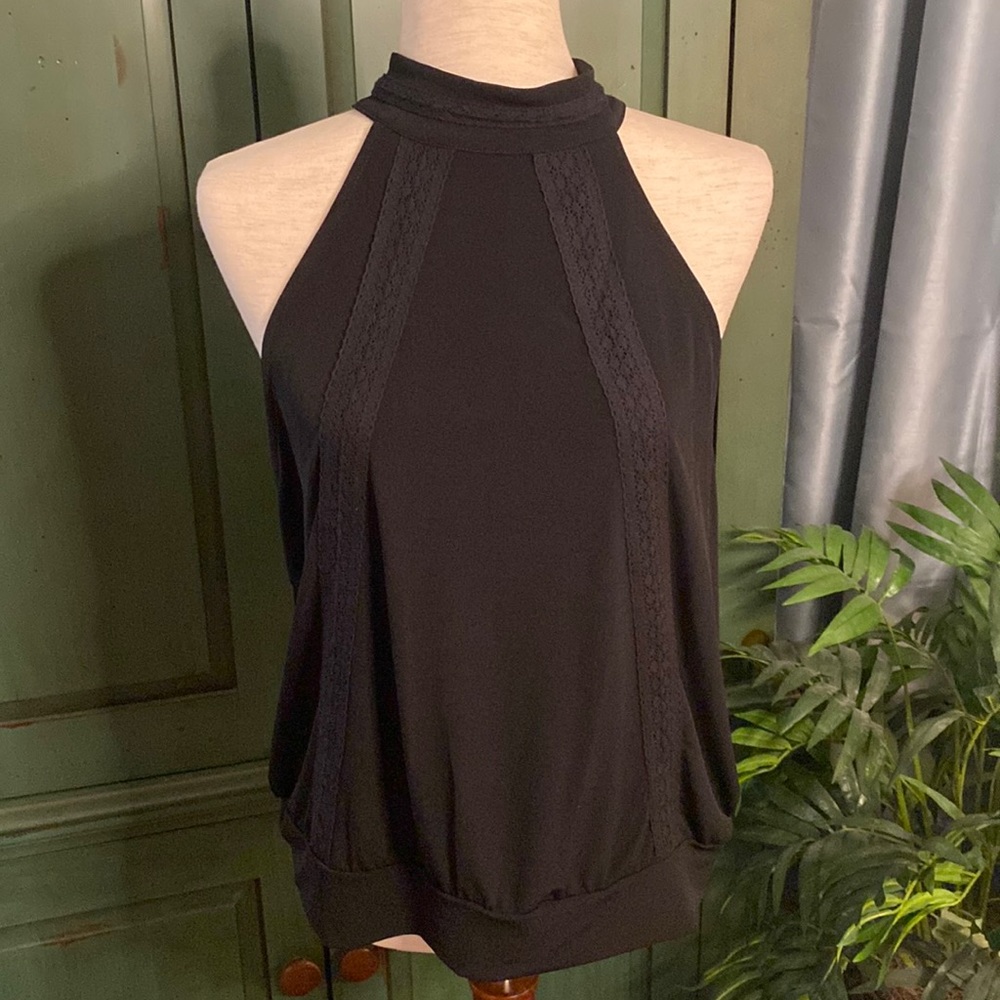 New INC International Concepts Black Lace Inset Halter Top Banded Waist Sz XL